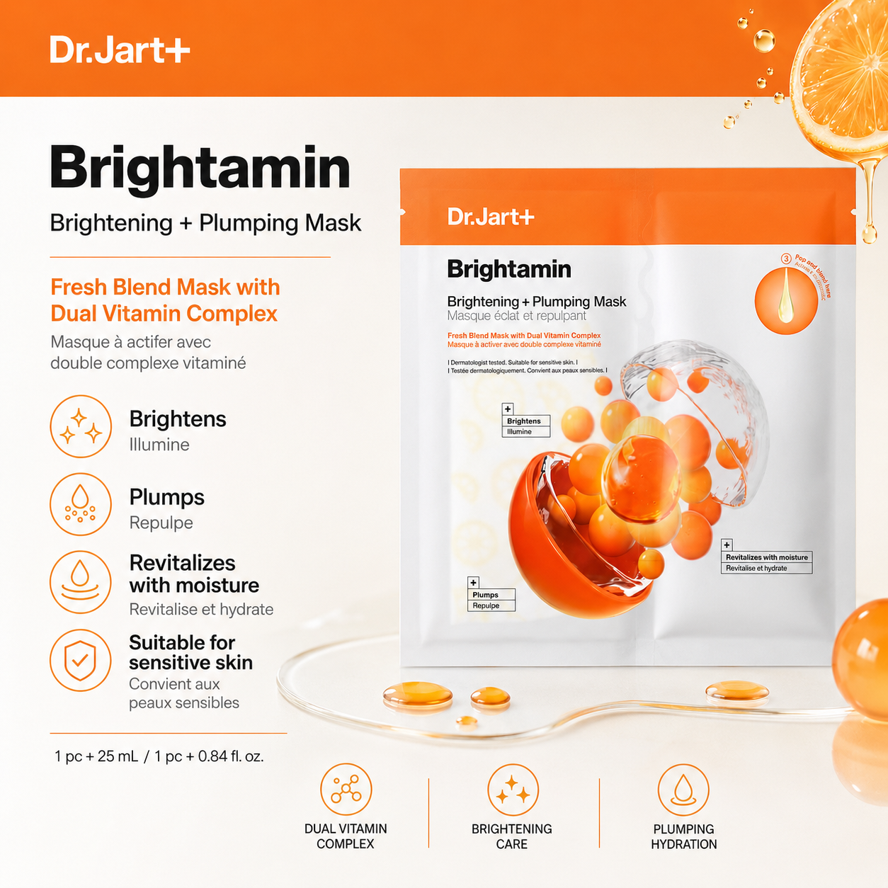 Brightamin Brightening + Plumping Mask by Dr.Jart+ shown on a white background with orange branding and citrus graphics.