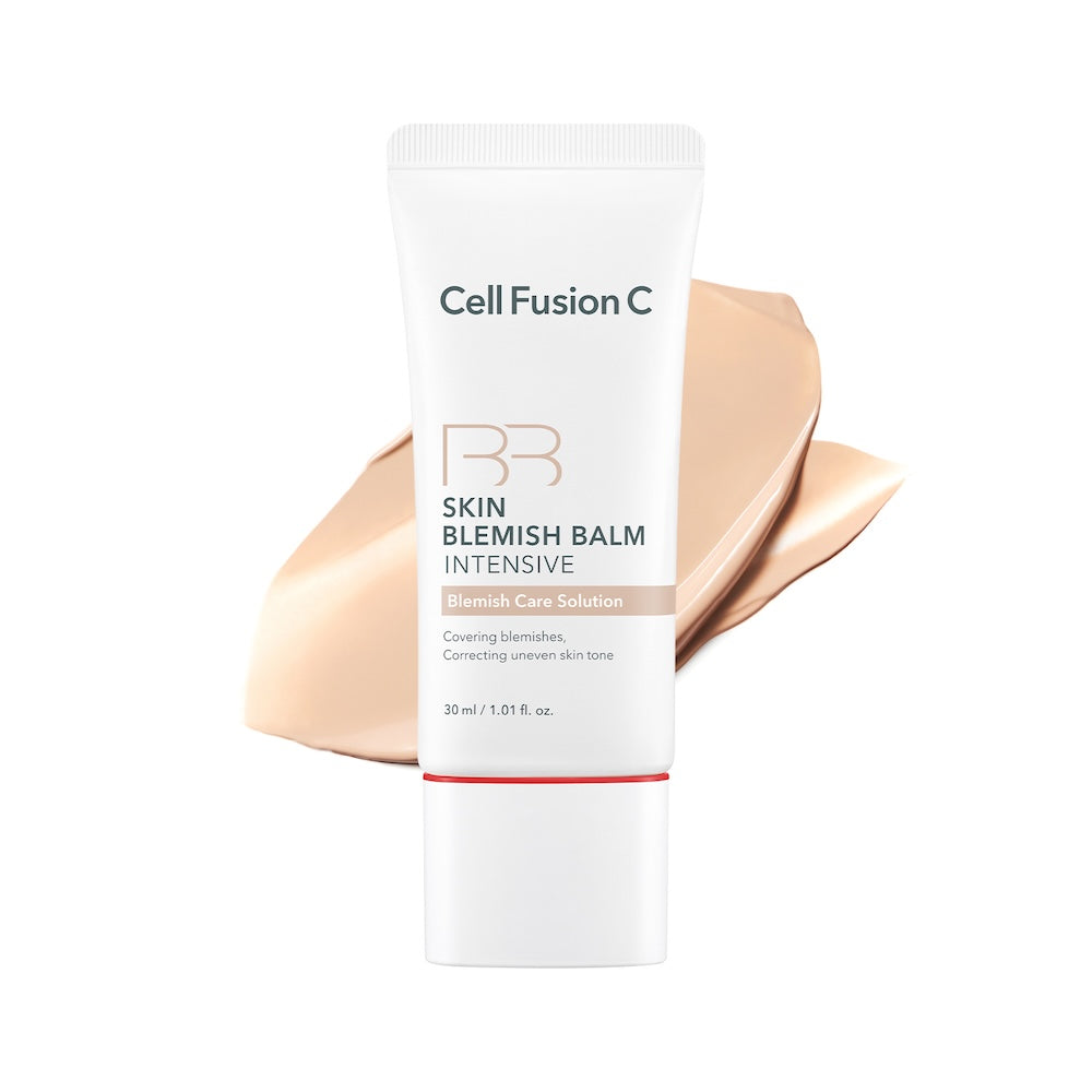 CellFusionC Skin Blemish Balm Intensive 30ml in Natural Light; shade-specific tube and swatch