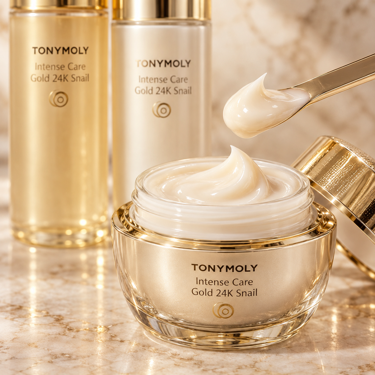 TONYMOLY Intense Care Gold 24K Snail cream texture with the toner and emulsion set in the background