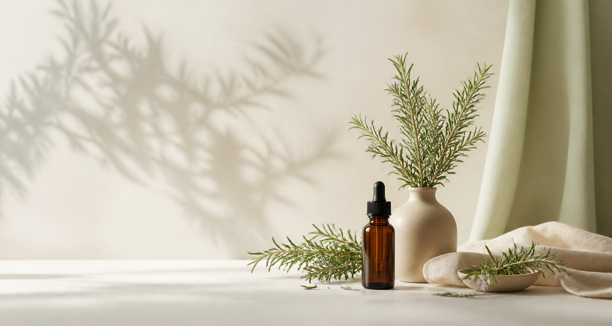 Aromatica-inspired rosemary scalp-care still life with botanical sprigs