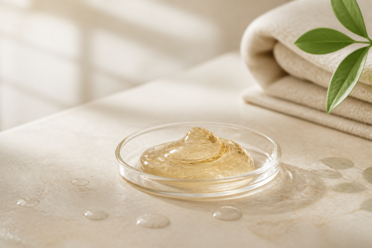 Editorial snail-mucin texture in a glass dish with soft botanical detail