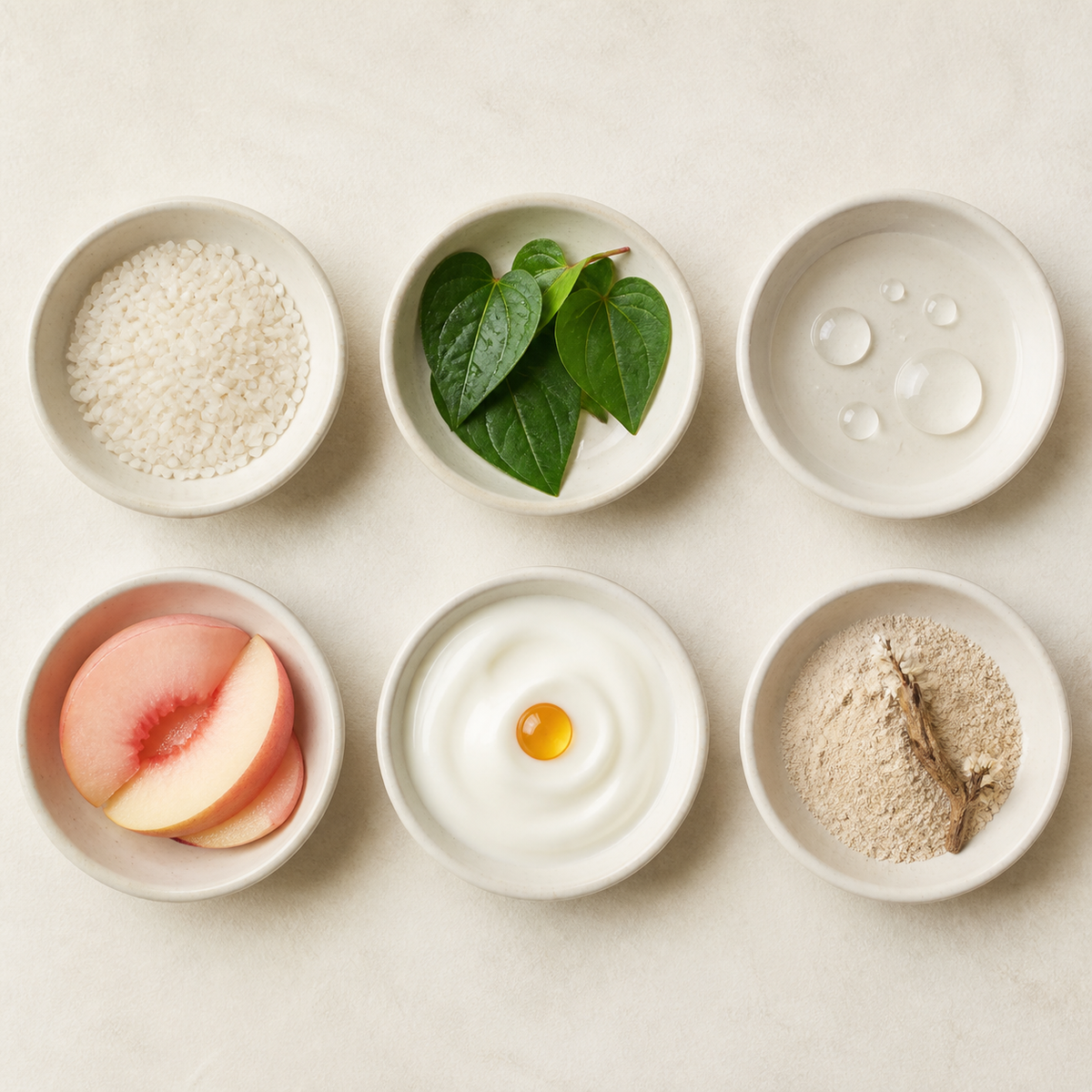 Ingredient textures representing Anua serum formula families