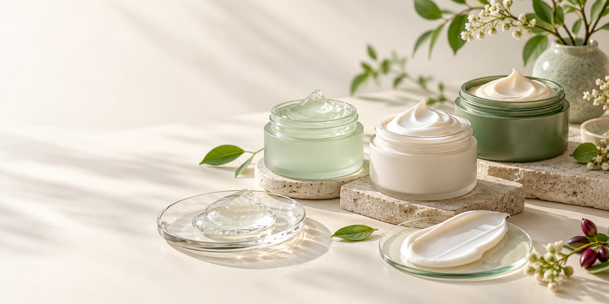 Korean moisturizer textures: fresh gel, balanced cream and rich cream