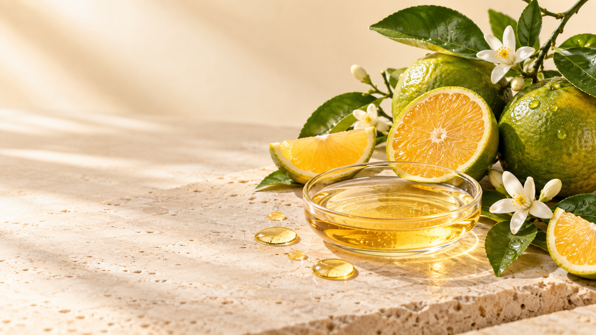 Ingredient-led Vitamin C skincare still life with green tangerines, serum and citrus leaves