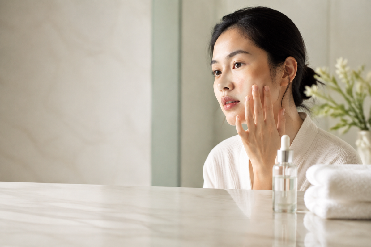 Editorial skincare scene with a person applying serum for post-acne marks