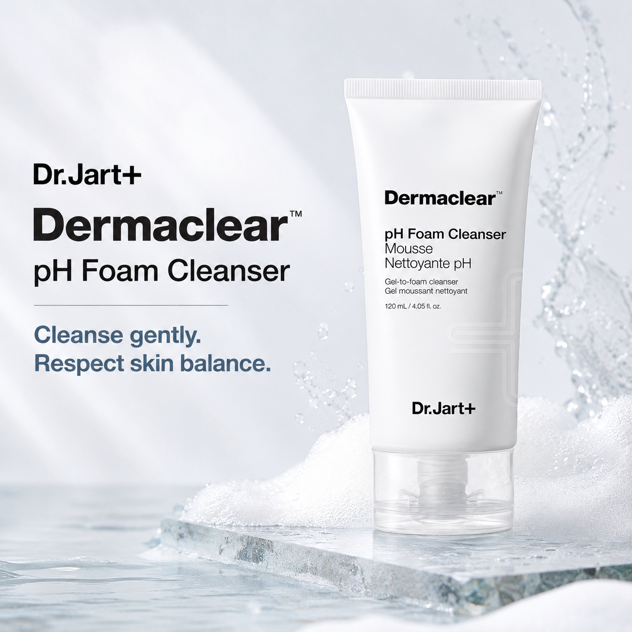 A white tube of Dr.Jart+ Dermaclear pH Foam Cleanser stands on a stone slab with water splashes around it.