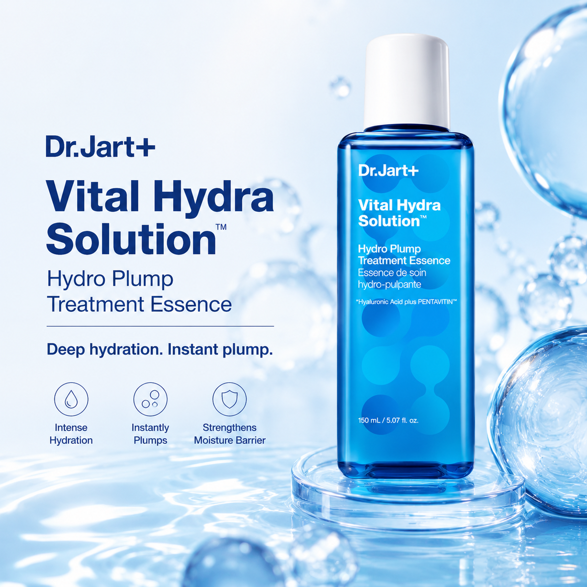 Dr. Jart+ Vital Hydra Solution Hydro Plump Treatment Essence in a blue bottle with a white cap, displayed on a clear stand against a light blue water-themed background with floating bubbles.
