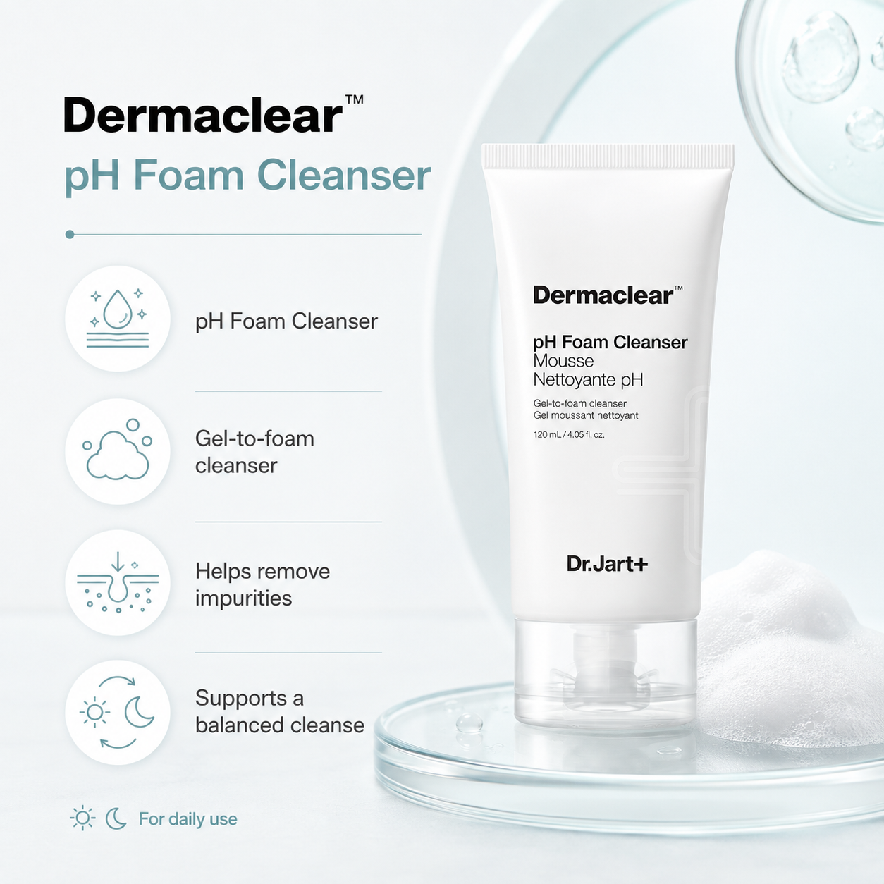 Dermaclear pH Foam Cleanser tube displayed on a clear glass stand with white foam, alongside product feature icons and text on a clean white background.