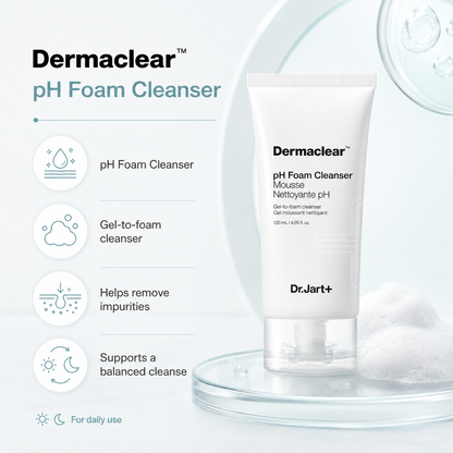 Dermaclear pH Foam Cleanser tube displayed on a clear glass stand with white foam, alongside product feature icons and text on a clean white background.
