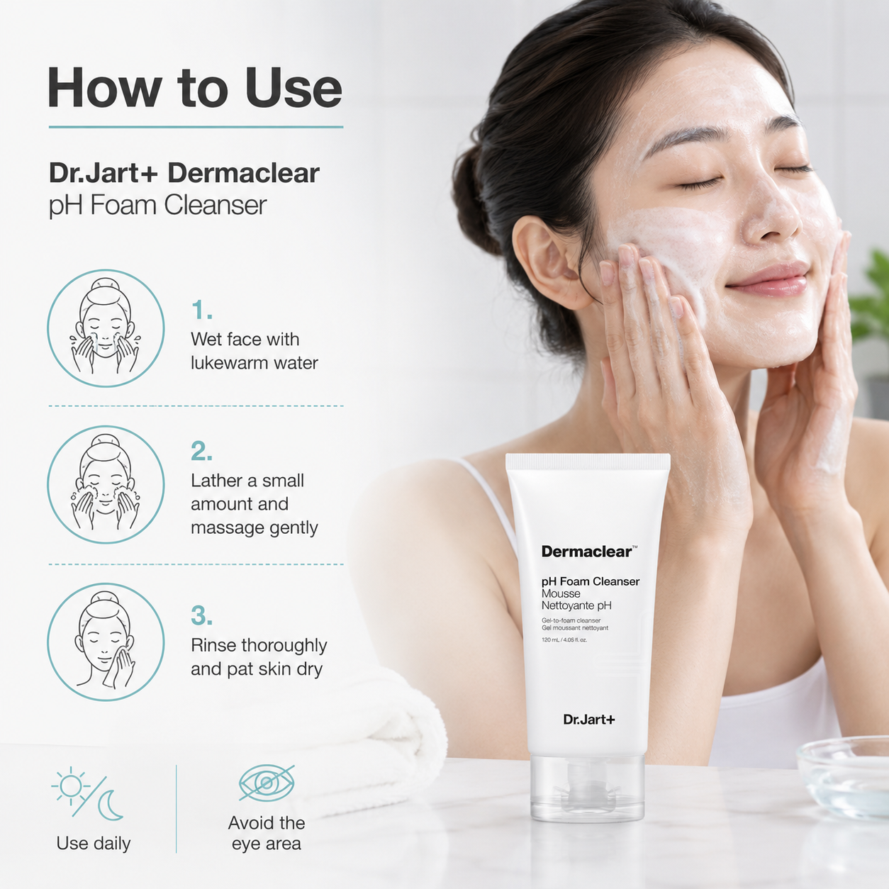 A skincare instructional graphic showing a woman applying Dr.Jart+ Dermclear pH Foam Cleanser to her face, alongside product packaging and step-by-step usage instructions on a clean white background.