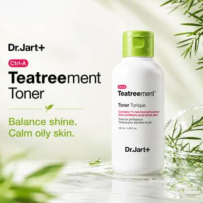 Dr. Jart+ Teatreement Toner bottle with a green cap, set on a reflective surface with water droplets, surrounded by green leaves on a white background with product text on the left.