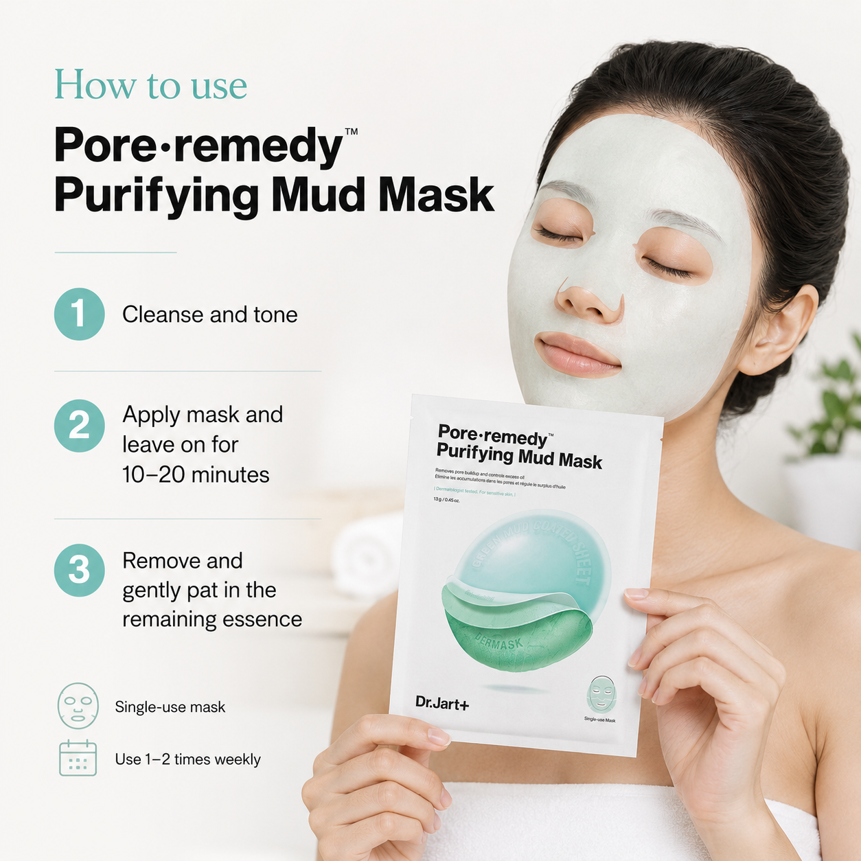 A woman with a pale green face mask applies and holds the packaging of Dr. Jart+ Pore-remedy Purifying Mud Mask, with step-by-step usage instructions on the left against a clean white background.