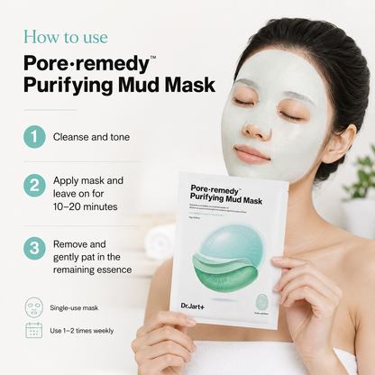 A woman with a pale green face mask applies and holds the packaging of Dr. Jart+ Pore-remedy Purifying Mud Mask, with step-by-step usage instructions on the left against a clean white background.
