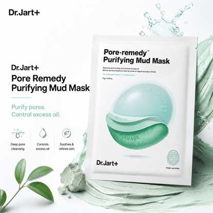 Dr.Jart+ Pore-remedy Purifying Mud Mask in a white single-use pouch, displayed with green clay mask pieces, water splash graphics, and product feature text on a clean white background.