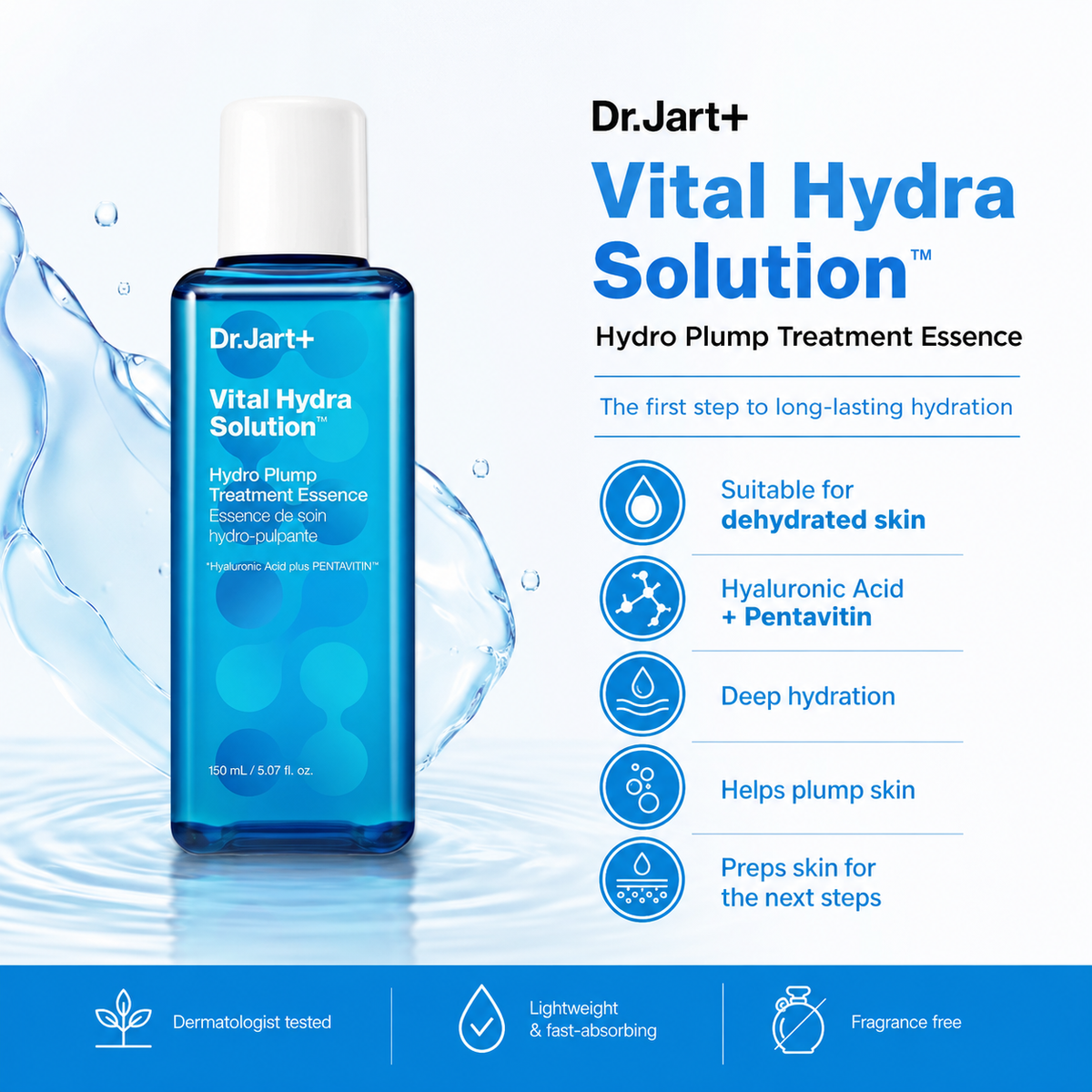 Dr.Jart+ Vital Hydra Solution Hydro Plump Treatment Essence in a blue bottle with a white cap, shown on a white background with water splash graphics and product feature text.