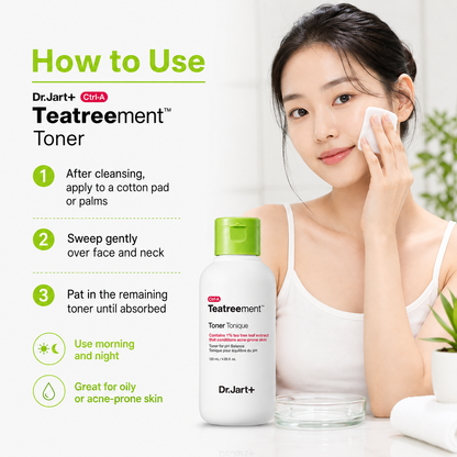 A woman in a white tank top applies toner with a cotton pad, next to a bottle of Dr. Jart+ Teatreement Toner with a green cap, on a bright white background with usage instructions on the left.
