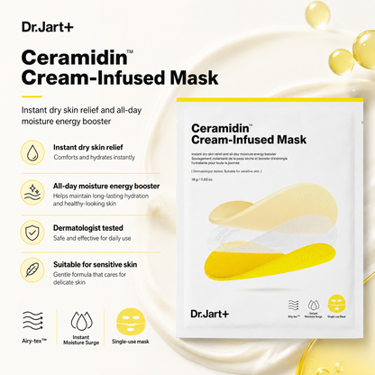 Dr. Jart+ Ceramidin Cream-Infused Mask packaging shown on a clean cream background with product benefits listed on the left.