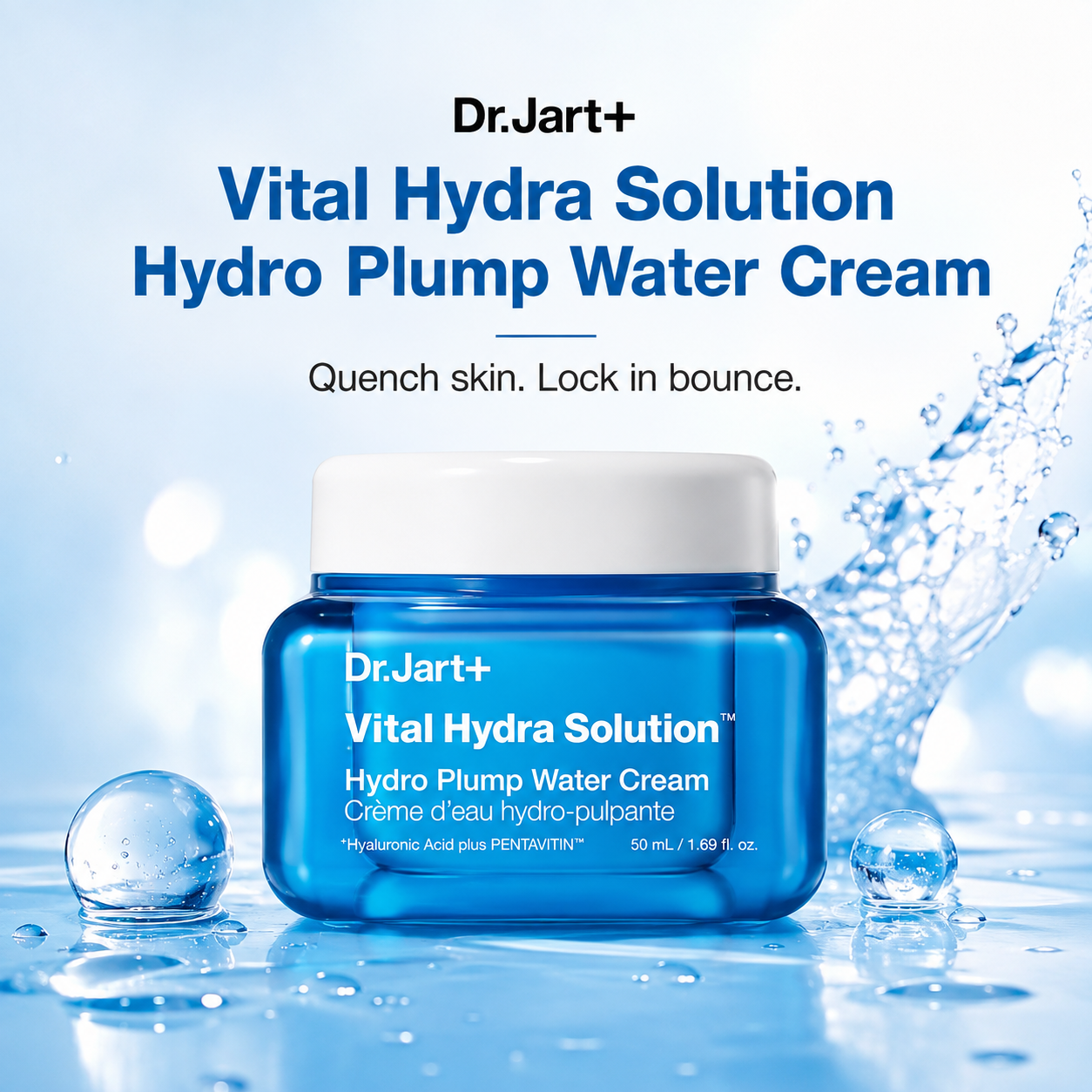 Dr.Jart+ Vital Hydra Solution Hydro Plump Water Cream in a blue jar with a white cap, set against a water-splashed light blue background with product text above.