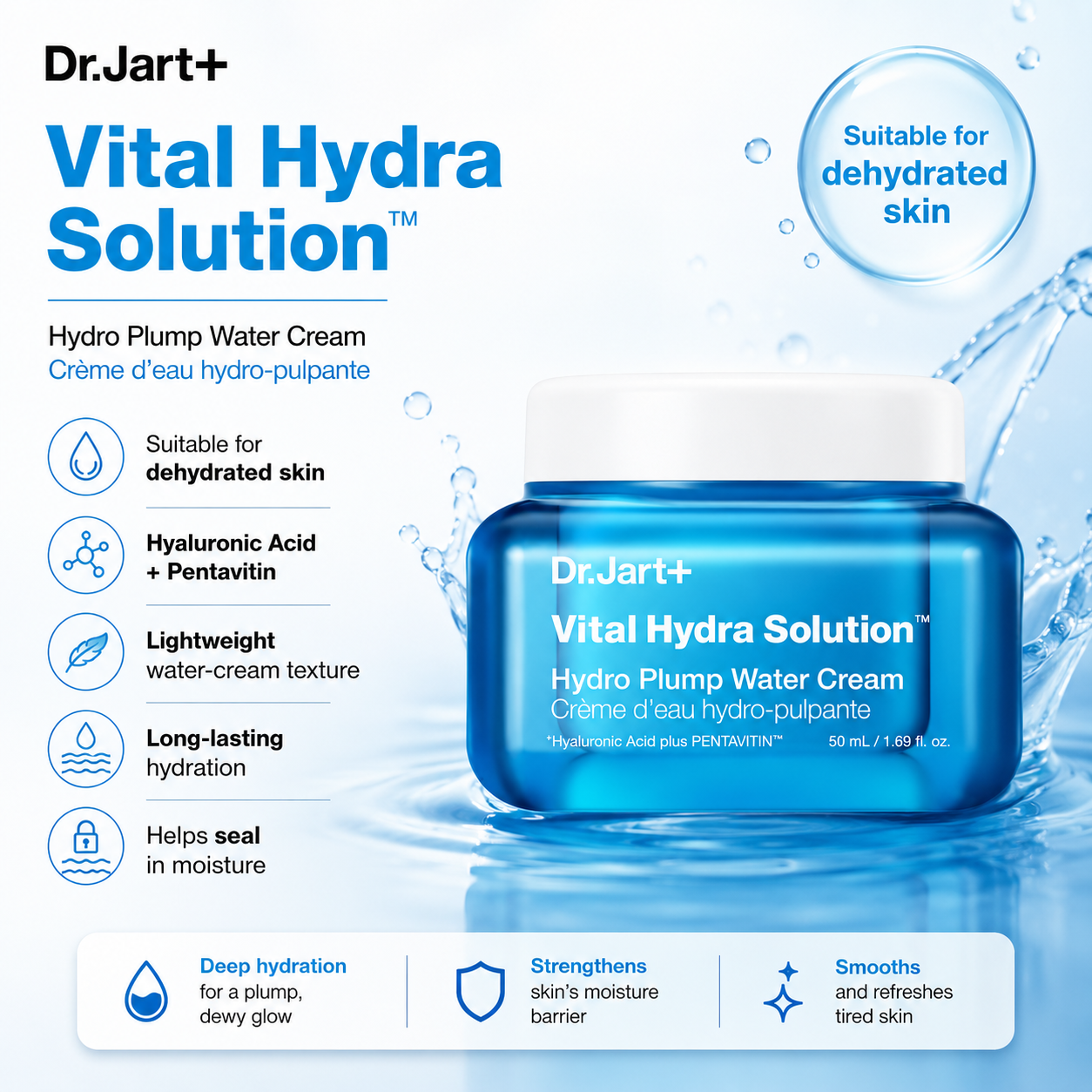 Dr.Jart+ Vital Hydra Solution Hydro Plump Water Cream in a blue bottle with a white cap, set against a light blue water-themed background with product features and benefits listed.