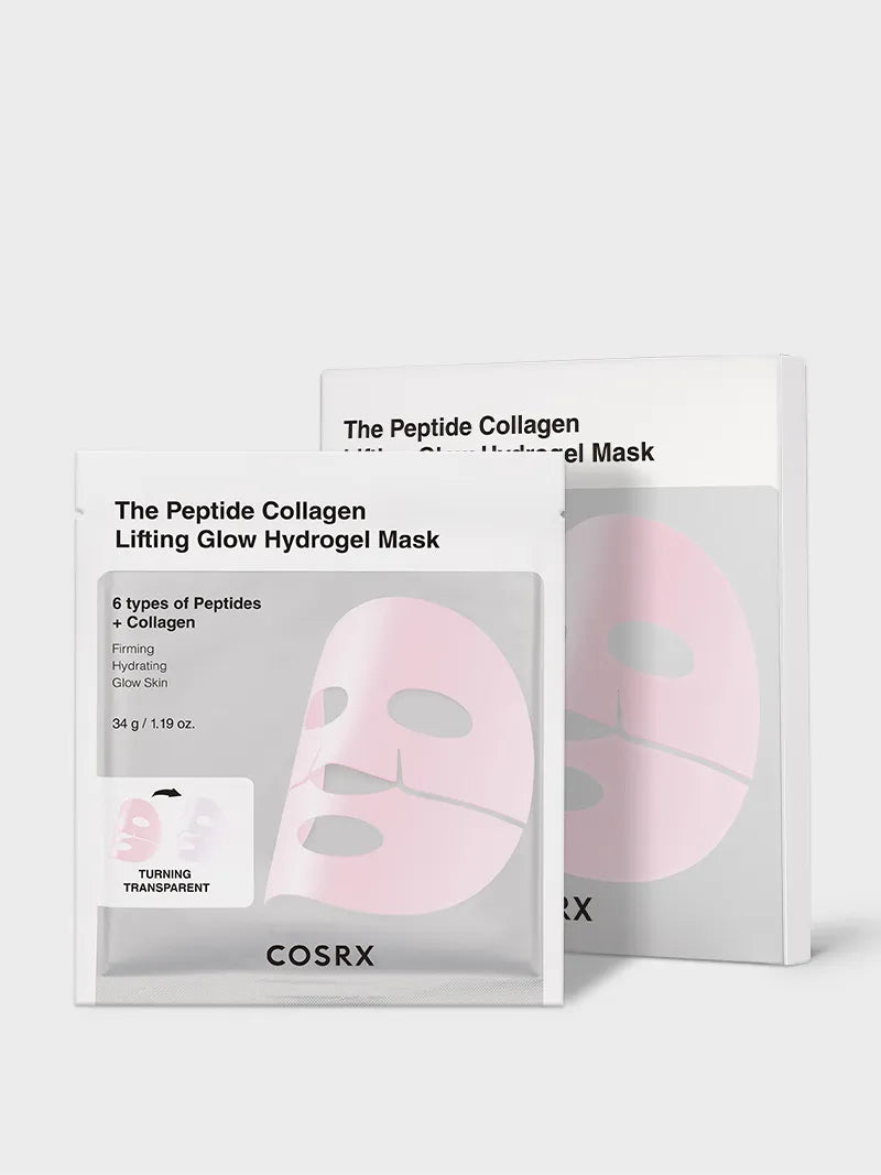 COSRX The Peptide Collagen Lifting Glow Hydrogel Mask 34g sachet and carton