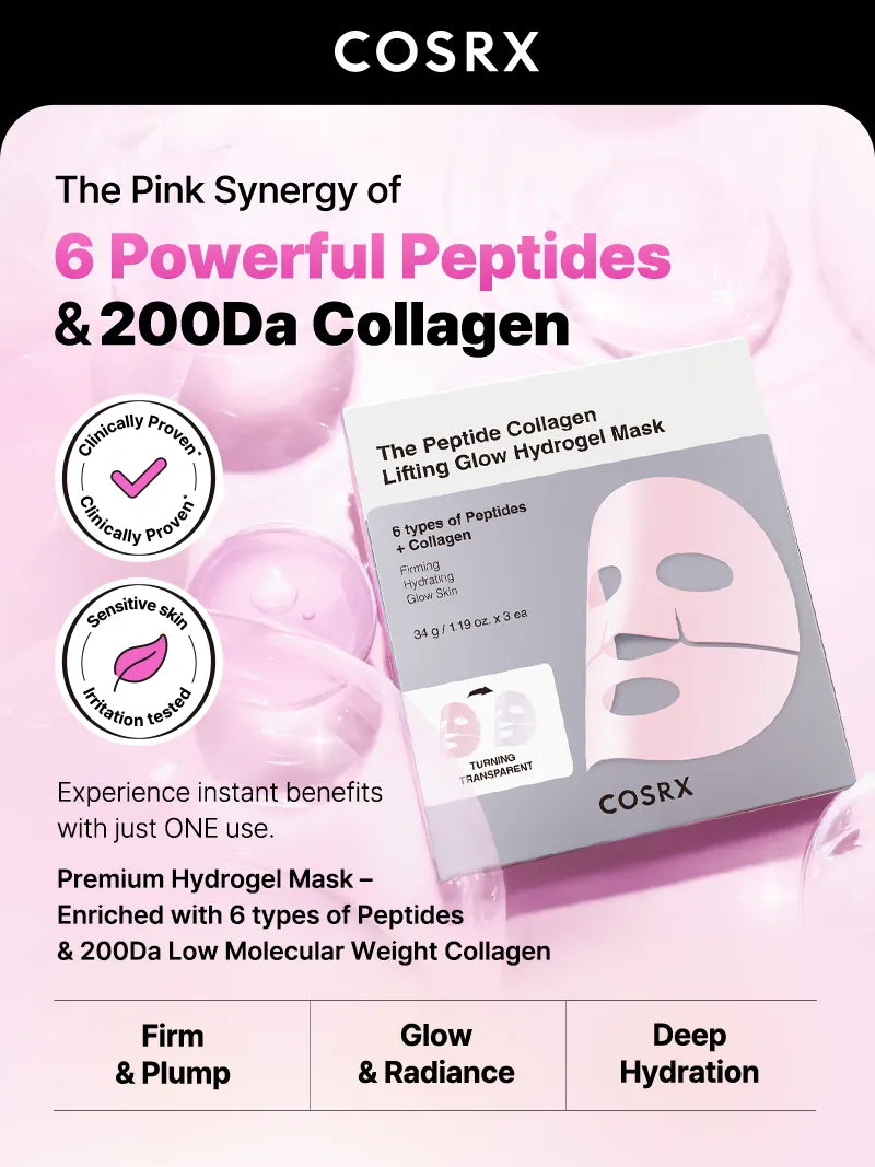 COSRX three-mask Peptide Collagen Hydrogel pack with six peptides and 200 Da collagen