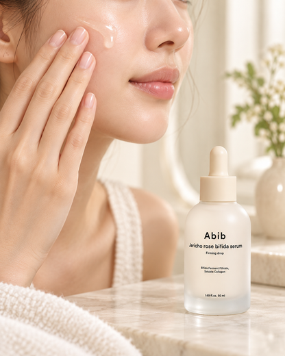Abib Jericho Rose Bifida Firming Drop serum being applied to cheek