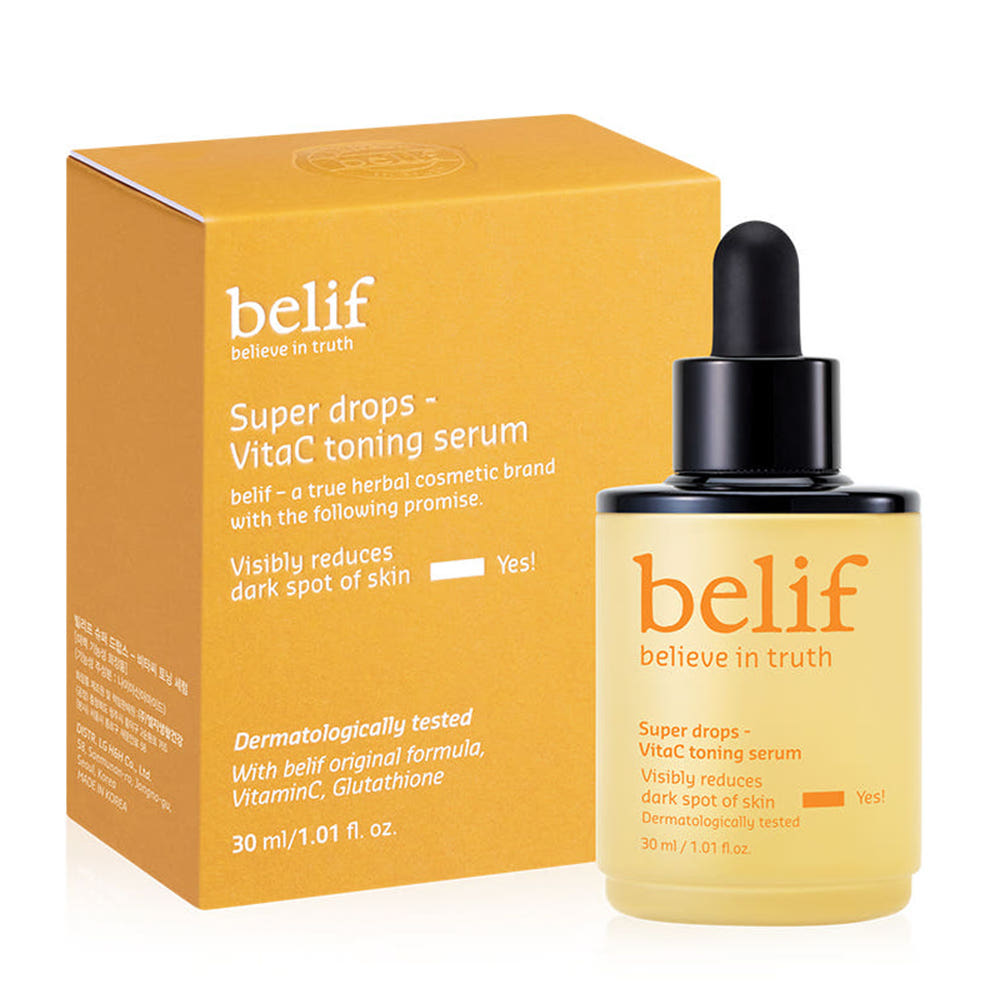 belif Super Drops VitaC Toning Serum 30ml dropper bottle and carton, front view