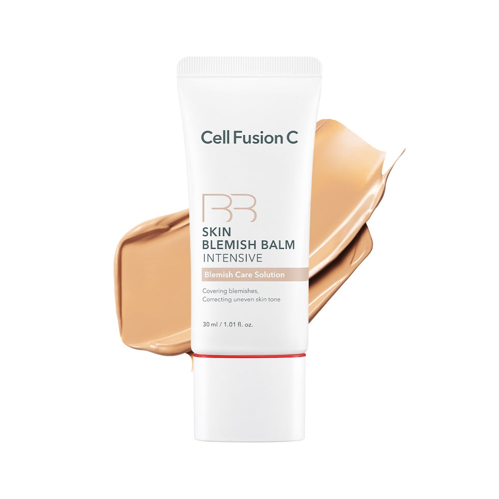CellFusionC Skin Blemish Balm Intensive 30ml in Golden; shade-specific tube and swatch
