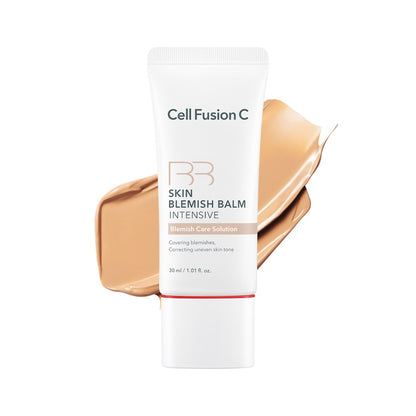 CellFusionC Skin Blemish Balm Intensive 30ml in Golden; shade-specific tube and swatch