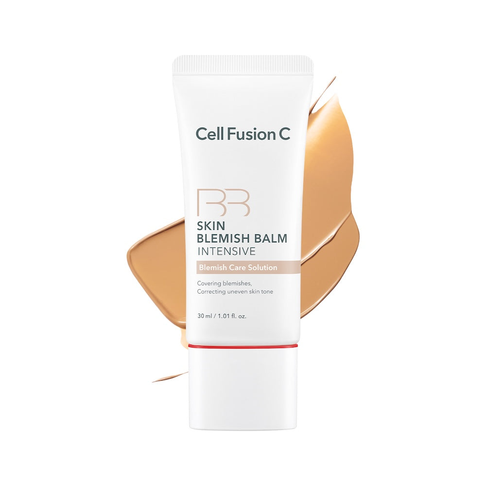 CellFusionC Skin Blemish Balm Intensive 30ml in Hazel; shade-specific tube and swatch