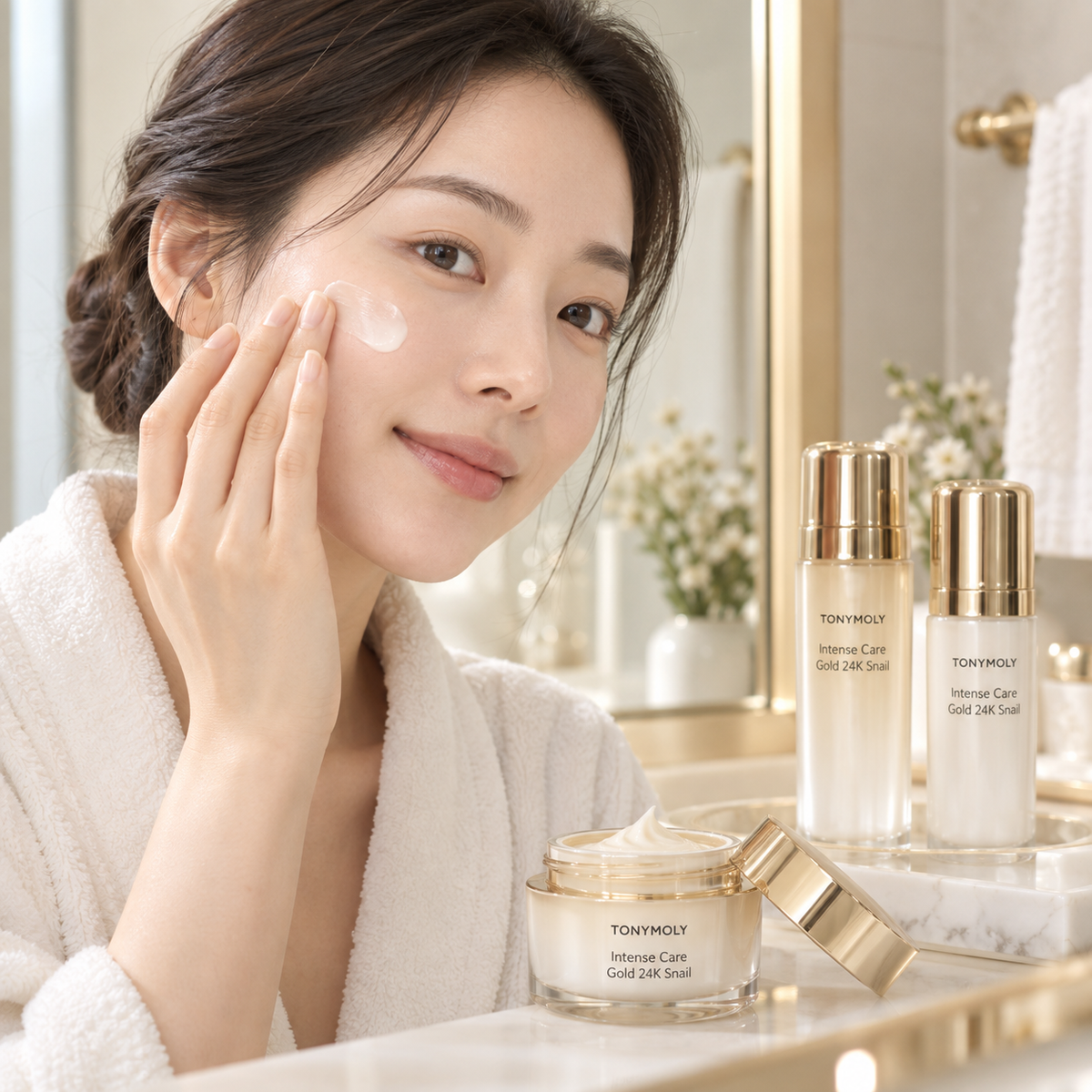 Person applying TONYMOLY Intense Care Gold 24K Snail cream while the toner and emulsion set sit on a vanity