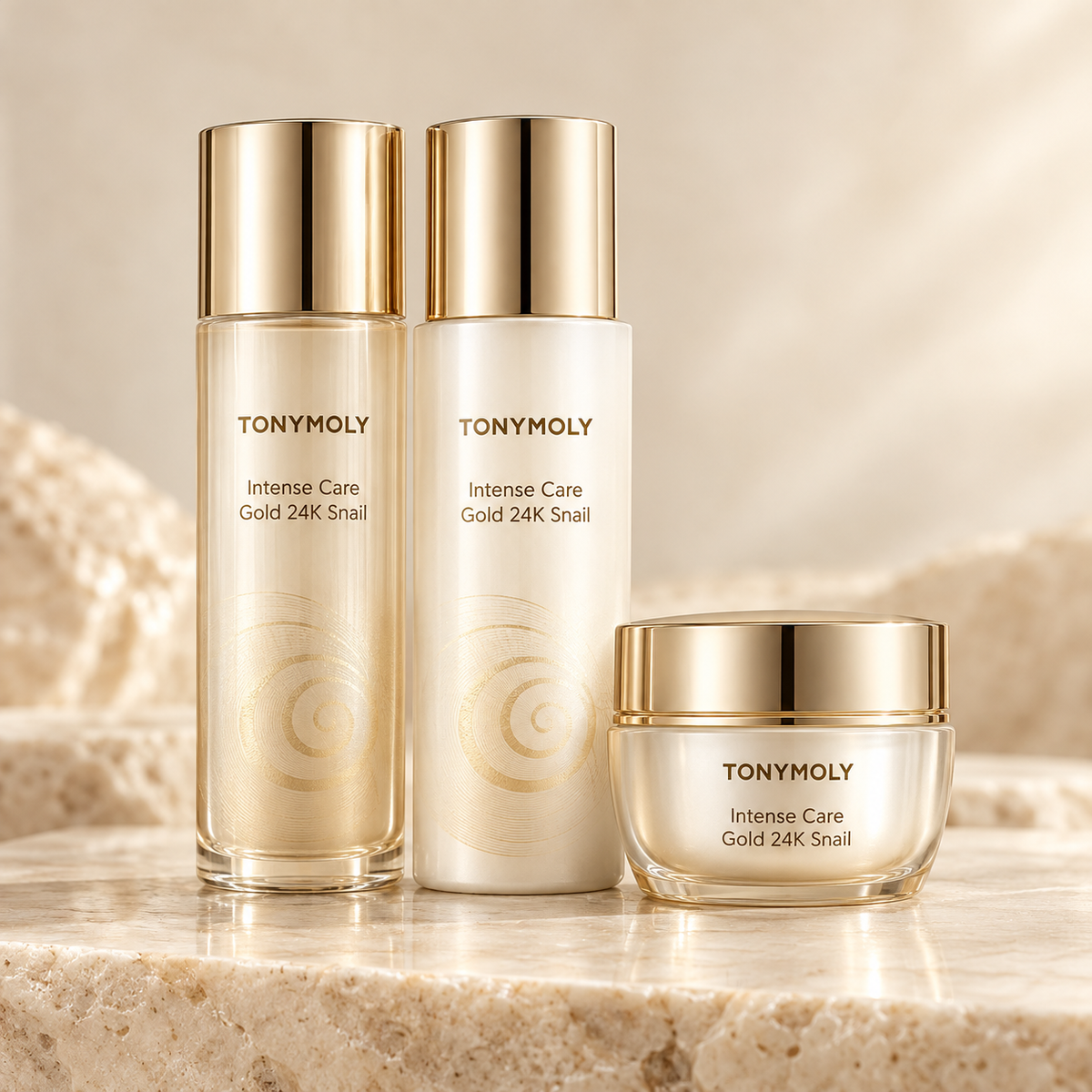 TONYMOLY Intense Care Gold 24K Snail three-piece skincare set with toner, emulsion and cream