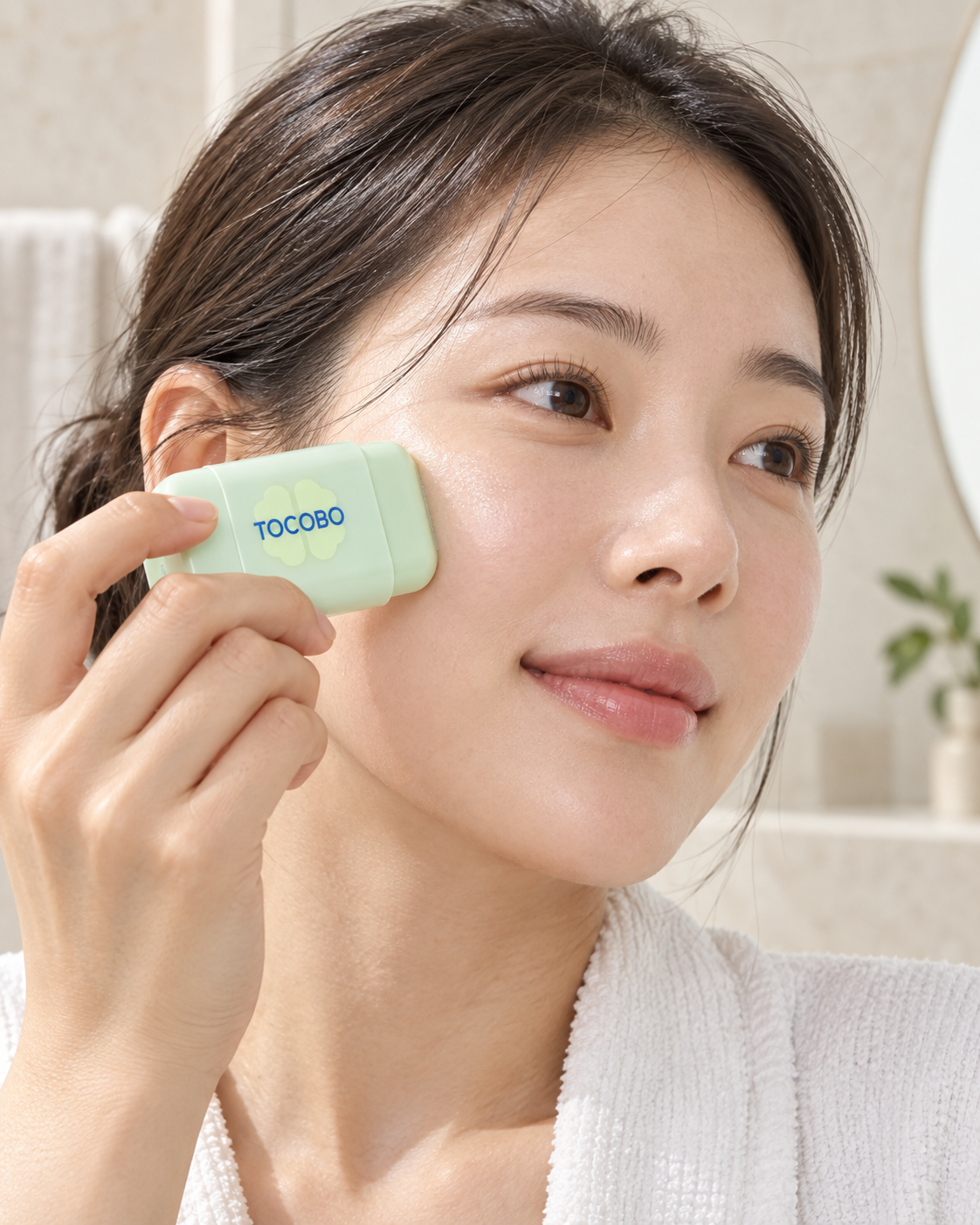 Person applying TOCOBO Cica Cooling Sun Stick Mini SPF50+ PA++++ to the cheek