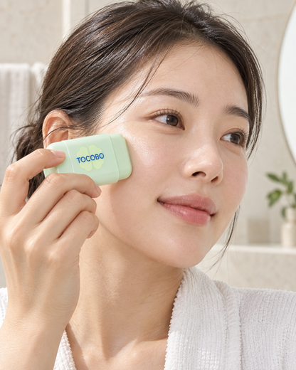 Person applying TOCOBO Cica Cooling Sun Stick Mini SPF50+ PA++++ to the cheek