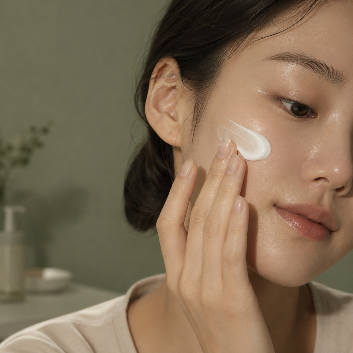 Lifestyle image: person applying an unbranded sleeping mask; supplementary visual