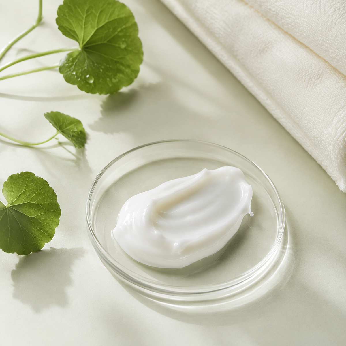 Lifestyle image: sleeping mask cream texture with cica leaves; supplementary visual