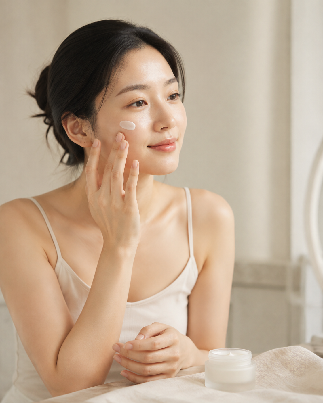 Person applying Pyunkang Yul Moisture Cream to cheek, supplemental lifestyle visual