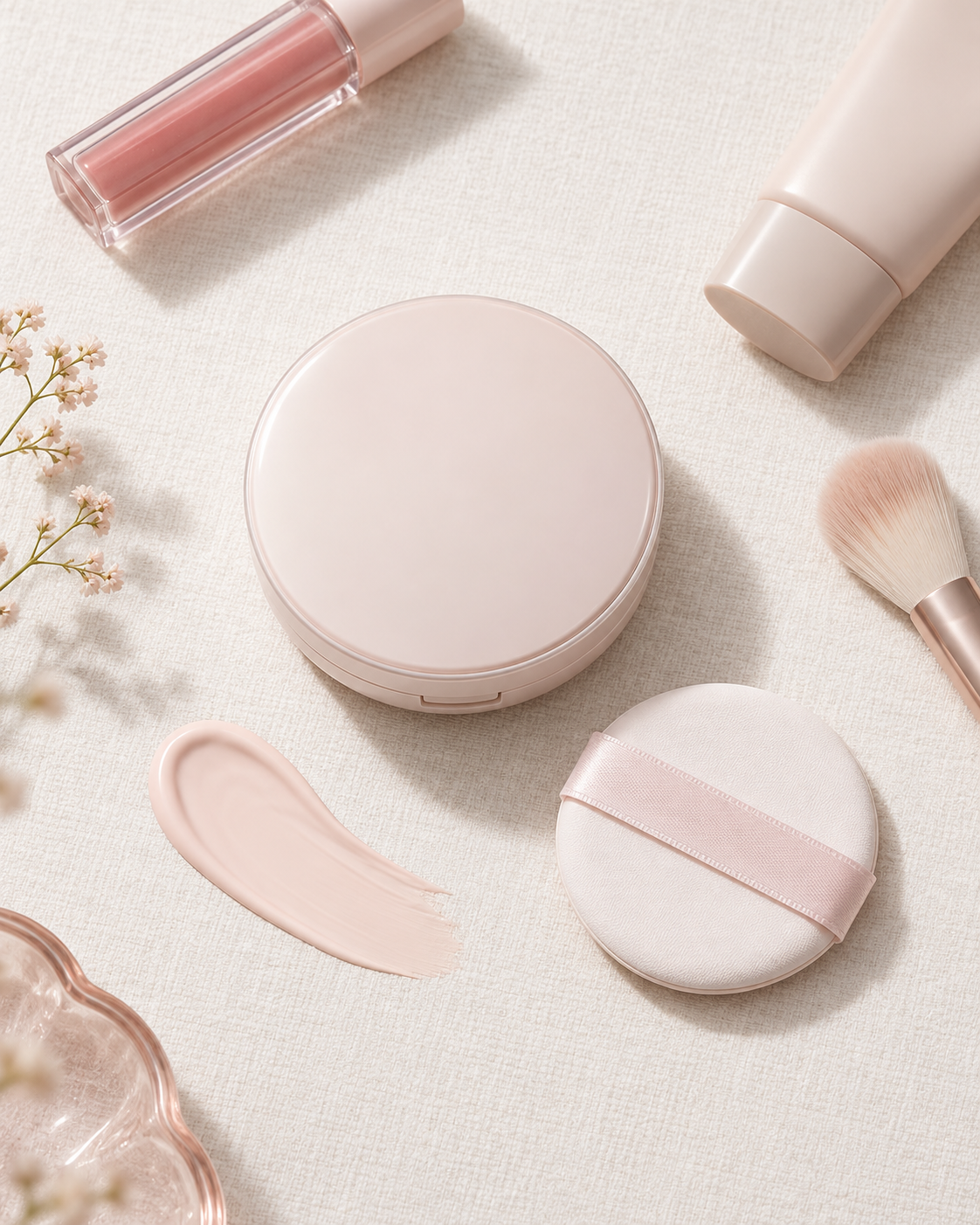 rom&amp;nd Back Me Tone Up Sun Cushion SPF50+ flat lay with puff and texture, supplemental lifestyle visual