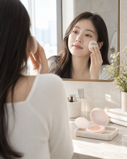 Person reapplying rom&amp;nd Back Me Tone Up Sun Cushion SPF50+ with a puff, supplemental lifestyle visual