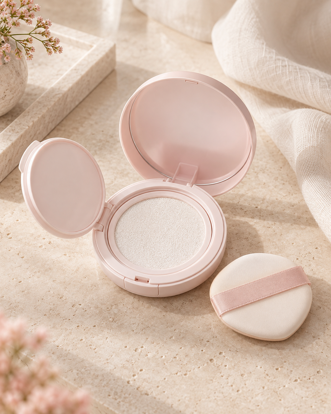 rom&amp;nd Back Me Tone Up Sun Cushion SPF50+ open compact and puff, supplemental lifestyle visual