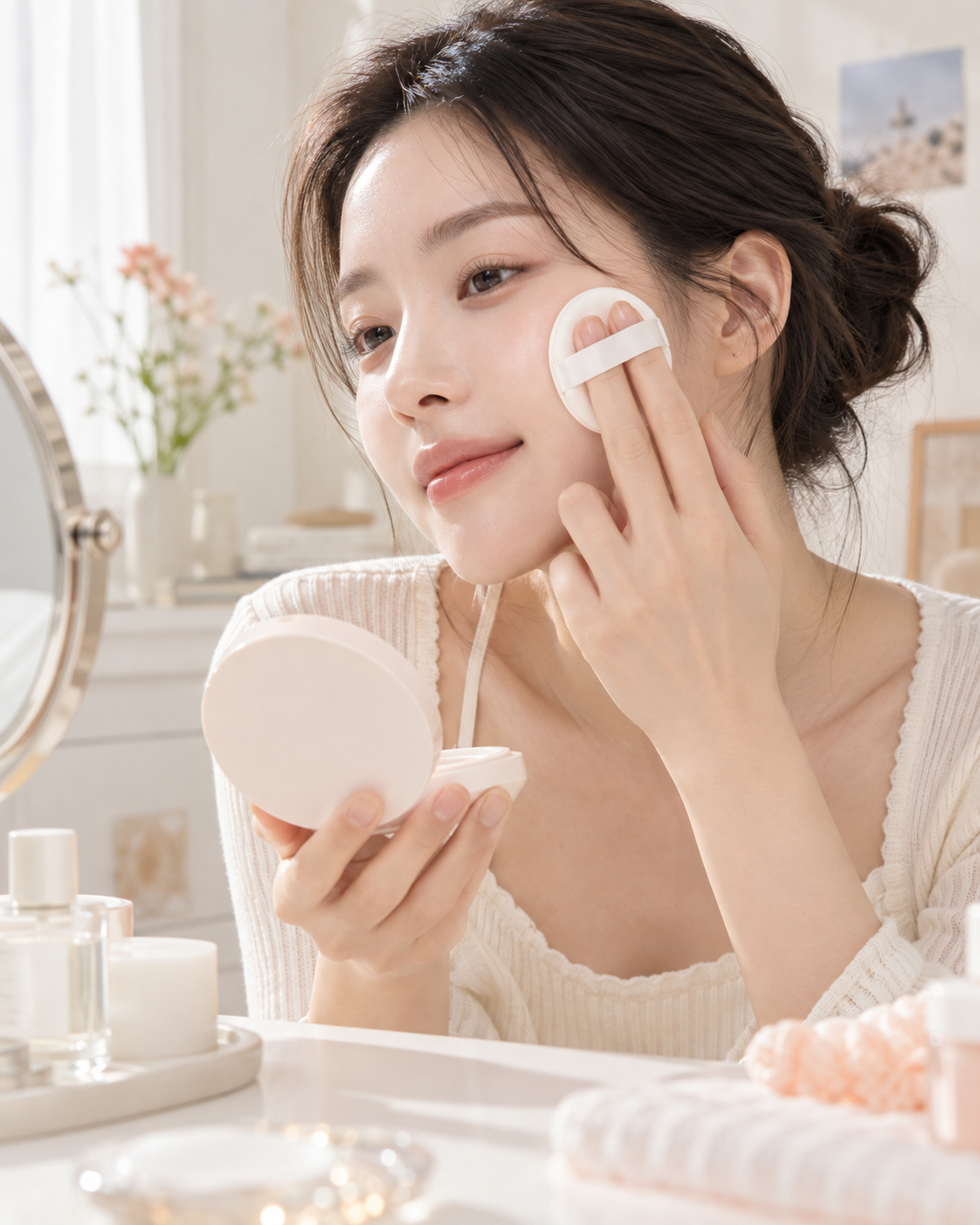 Person applying rom&amp;nd Back Me Tone Up Sun Cushion SPF50+ to cheek, supplemental lifestyle visual
