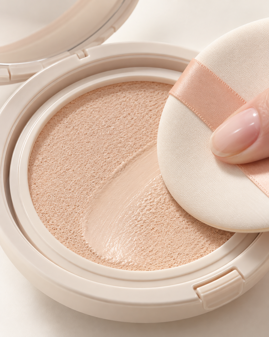 rom&amp;nd Back Me Tone Up Sun Cushion SPF50+ cushion texture and puff, supplemental lifestyle visual