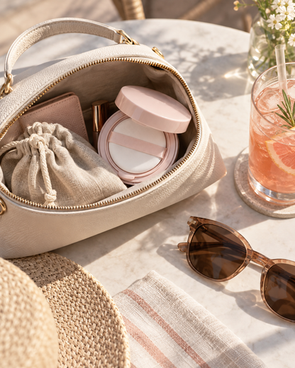 rom&amp;nd Back Me Tone Up Sun Cushion SPF50+ in a travel makeup bag, supplemental lifestyle visual
